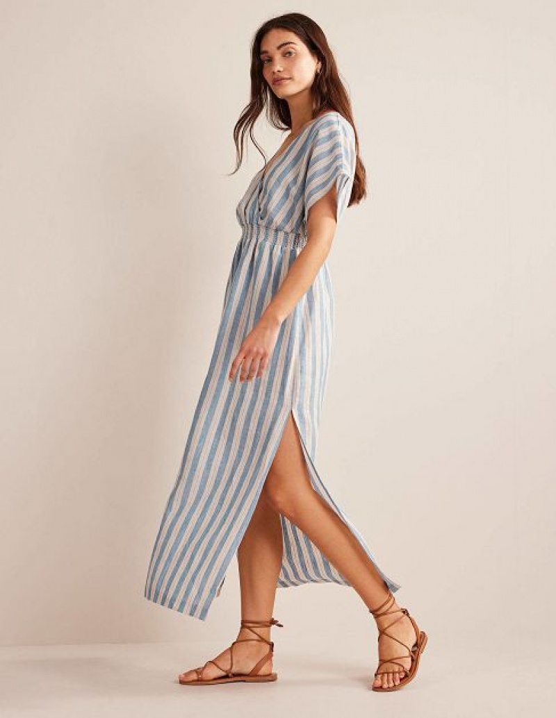 Blue Stripes Women's Boden Linen Kaftan Maxi Dress | 98072OIJE