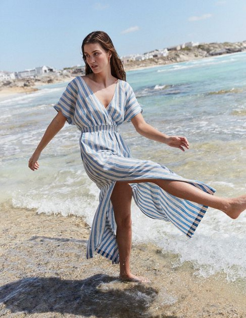 Blue Stripes Women's Boden Linen Kaftan Maxi Dress | 98072OIJE