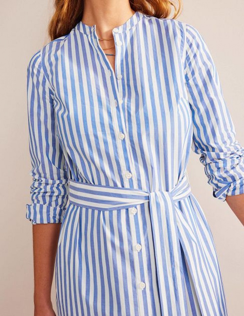 Blue White Stripes Women's Boden Cotton Belted Shirt Dress | 05718PESJ