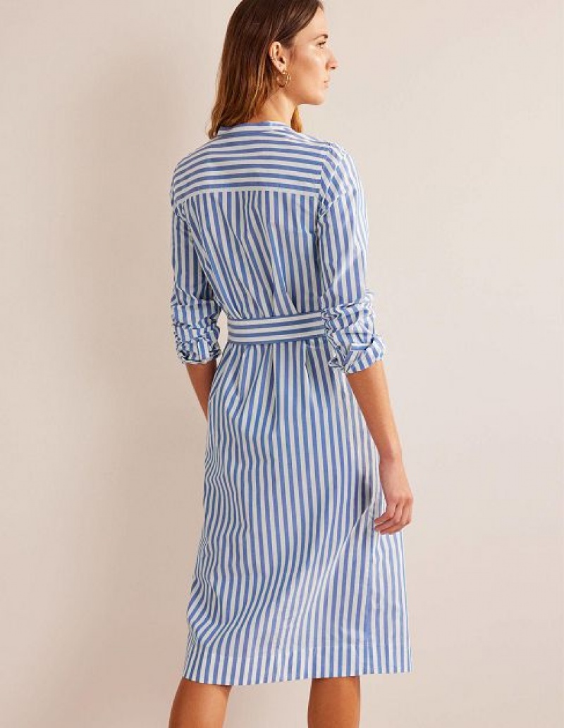 Blue White Stripes Women's Boden Cotton Belted Shirt Dress | 05718PESJ