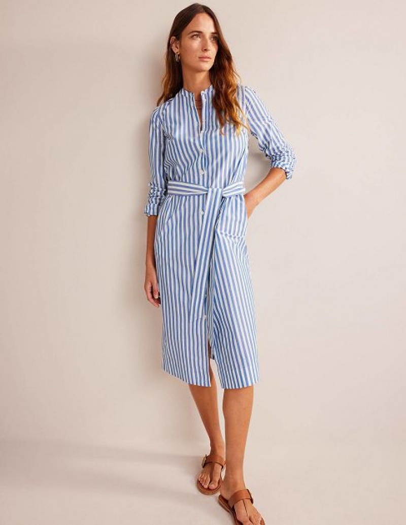 Blue White Stripes Women's Boden Cotton Belted Shirt Dress | 05718PESJ