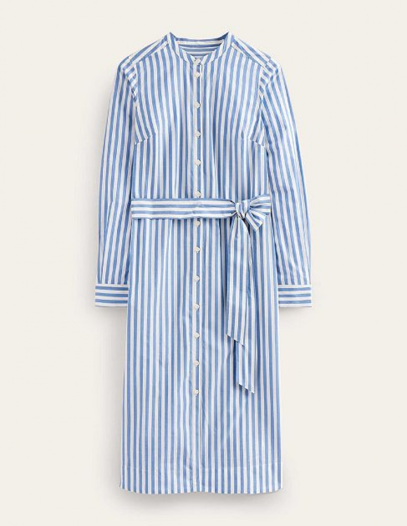 Blue White Stripes Women's Boden Cotton Belted Shirt Dress | 05718PESJ