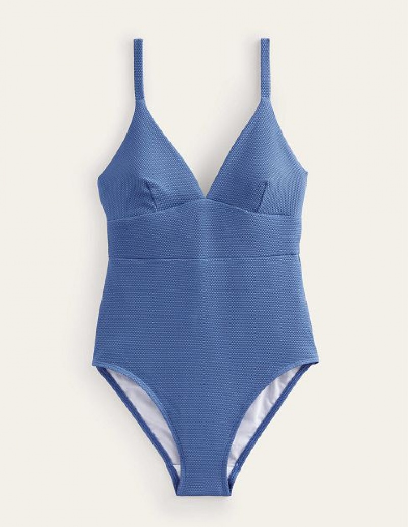 Blue Women's Boden Arezzo V-neck Panel Swimsuits | 02657PZYO