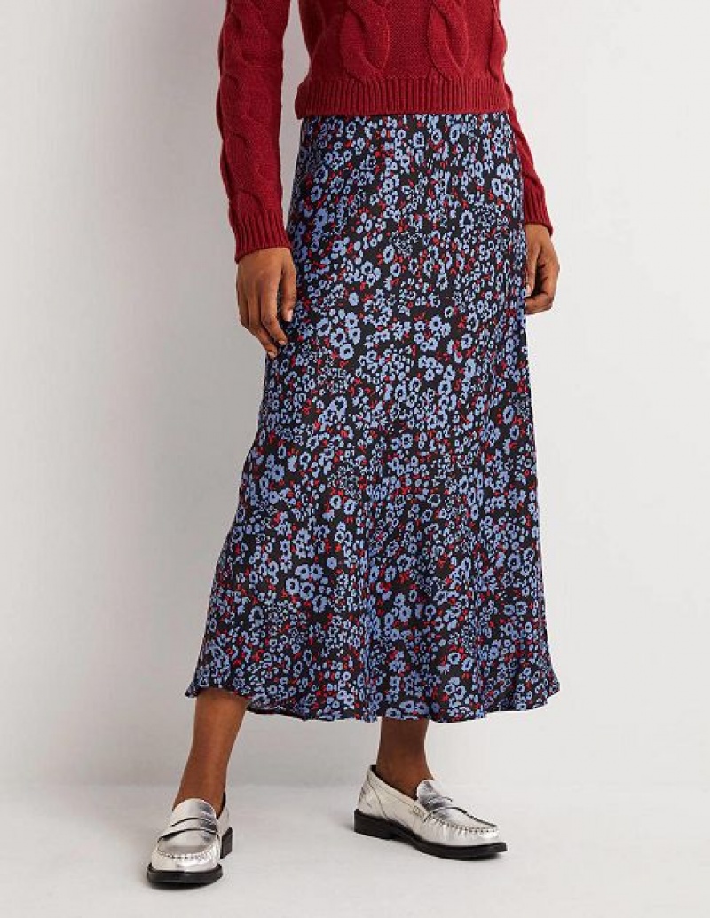 Blue Women's Boden Blue Floral Satin Bias-cut Skirts | 48603KIVG