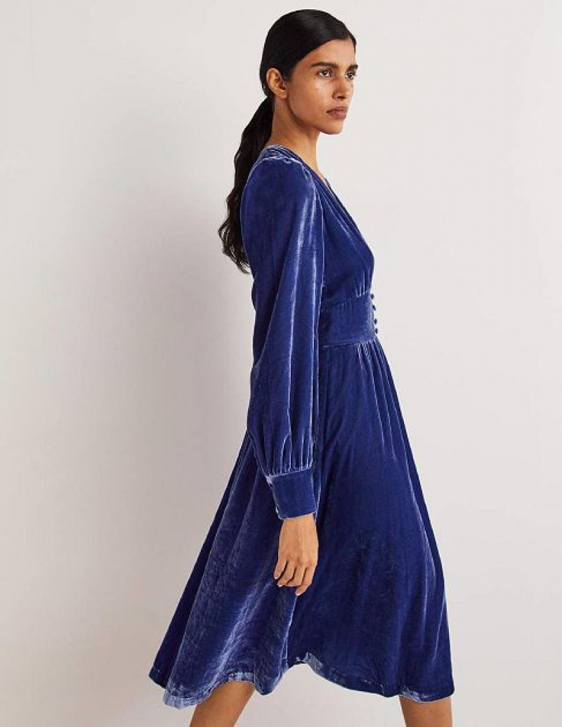 Blue Women's Boden Blue Velvet Midi Dress | 14908OWSM