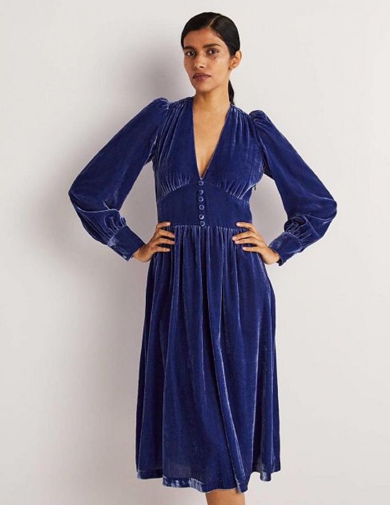 Blue Women's Boden Blue Velvet Midi Dress | 14908OWSM