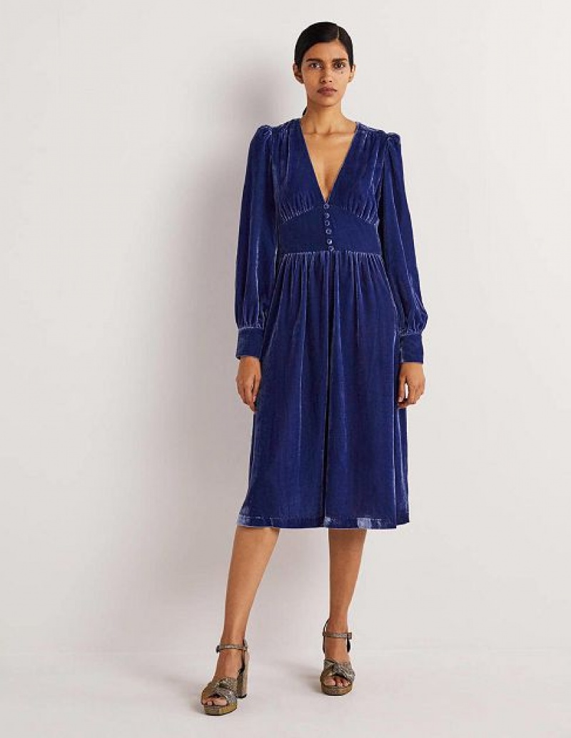 Blue Women\'s Boden Blue Velvet Midi Dress | 14908OWSM