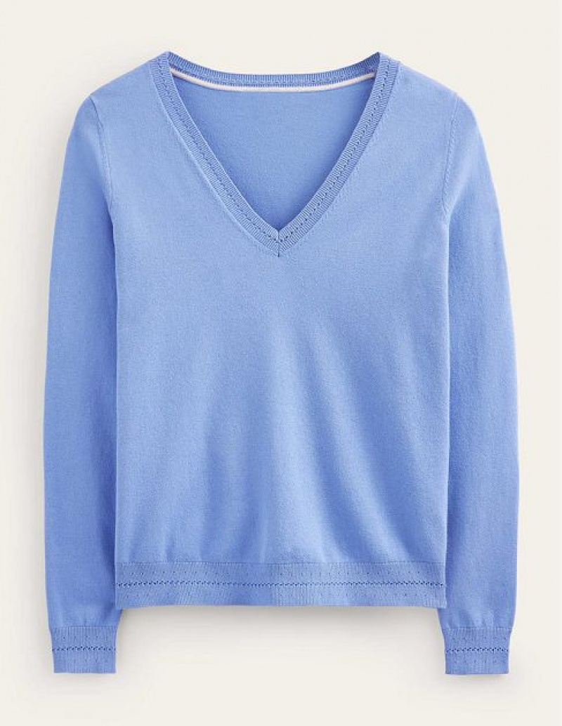 Blue Women's Boden Catriona Cotton V-neck Jumpers | 32140SIQK