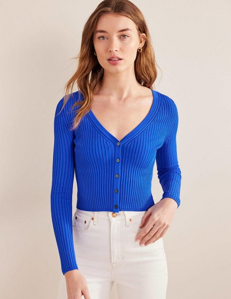 Blue Women's Boden Cropped Wide Neck Rib Cardigan | 83265JQID