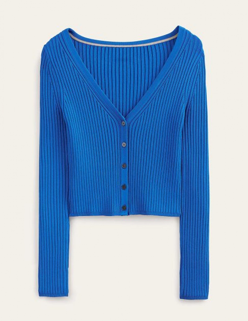 Blue Women's Boden Cropped Wide Neck Rib Cardigan | 83265JQID