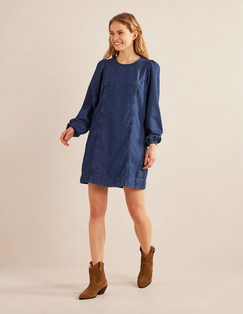 Blue Women's Boden Denim Blouson Dress | 71539TZRF