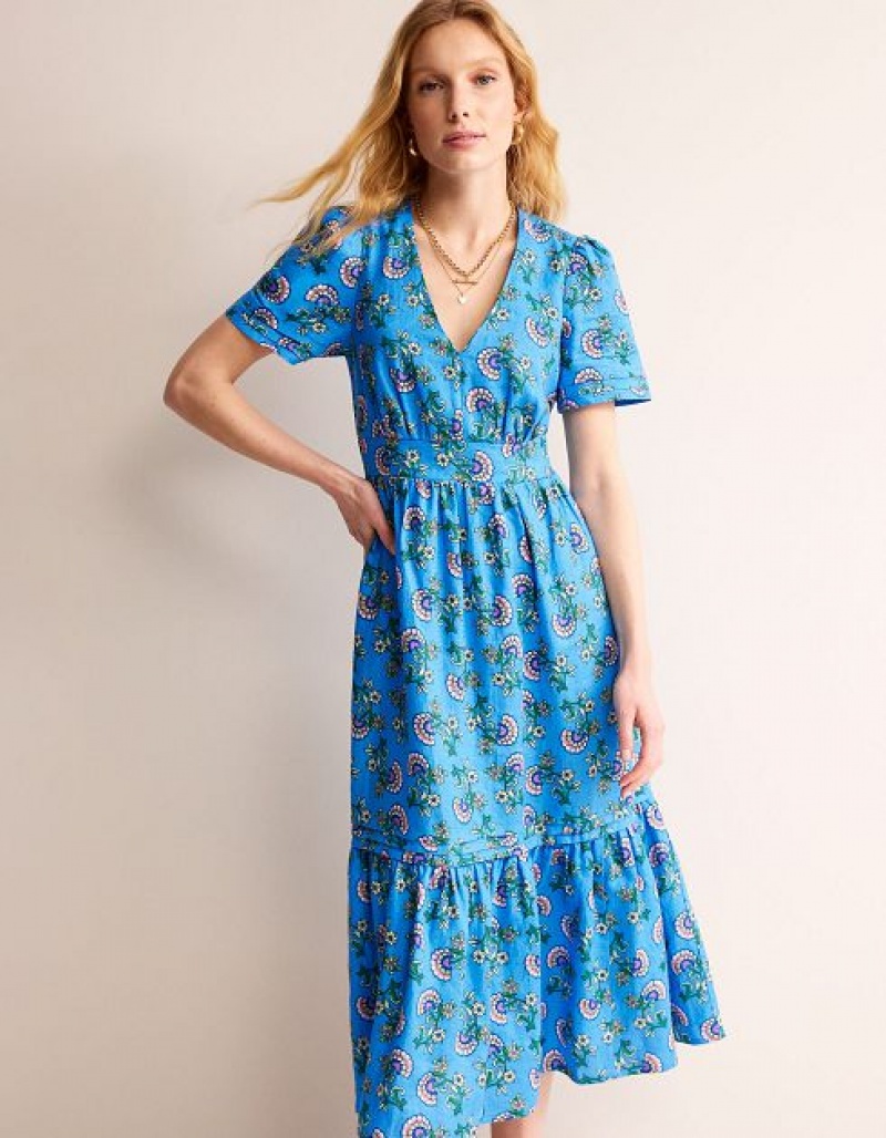 Blue Women's Boden Eve Linen Midi Dress | 24910BUFV