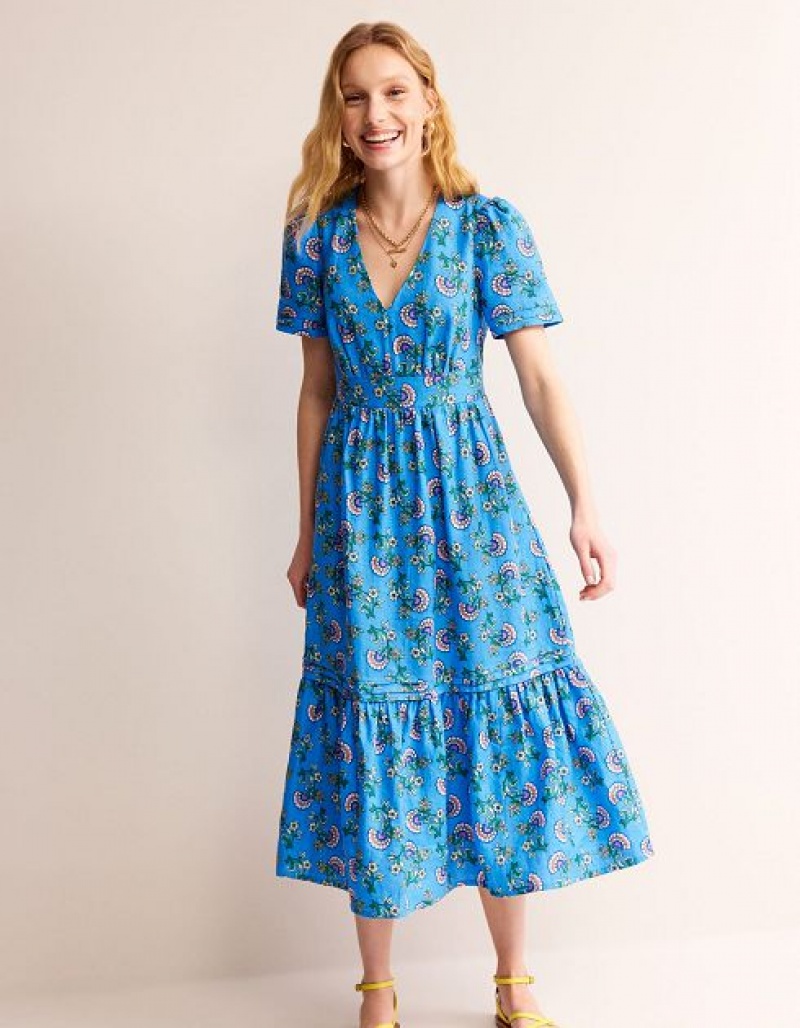 Blue Women's Boden Eve Linen Midi Dress | 24910BUFV