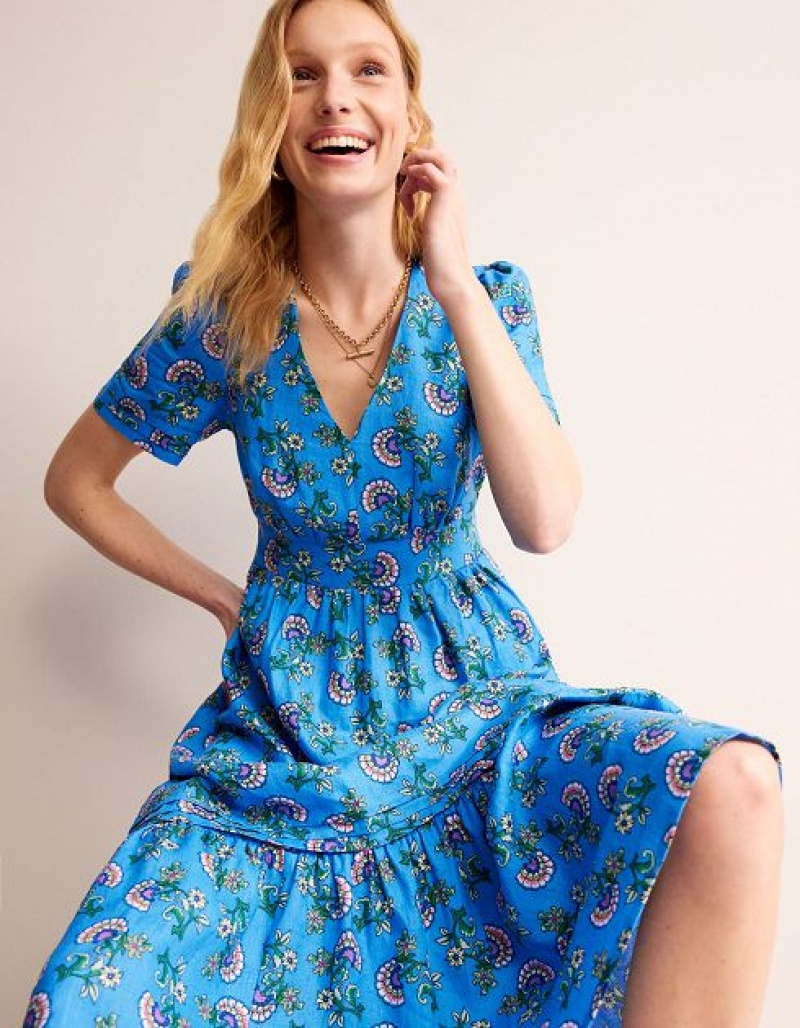 Blue Women\'s Boden Eve Linen Midi Dress | 24910BUFV