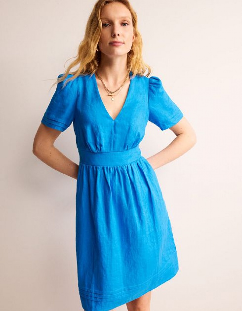 Blue Women's Boden Eve Linen Short Dress | 18904KUGQ