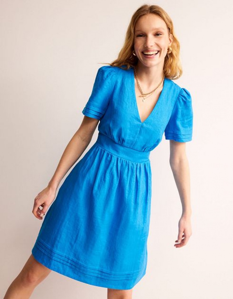 Blue Women\'s Boden Eve Linen Short Dress | 18904KUGQ