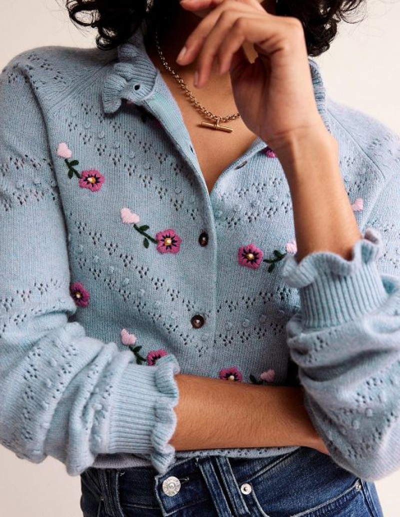 Blue Women's Boden Floral Embroidered Cardigan | 46791IKVF