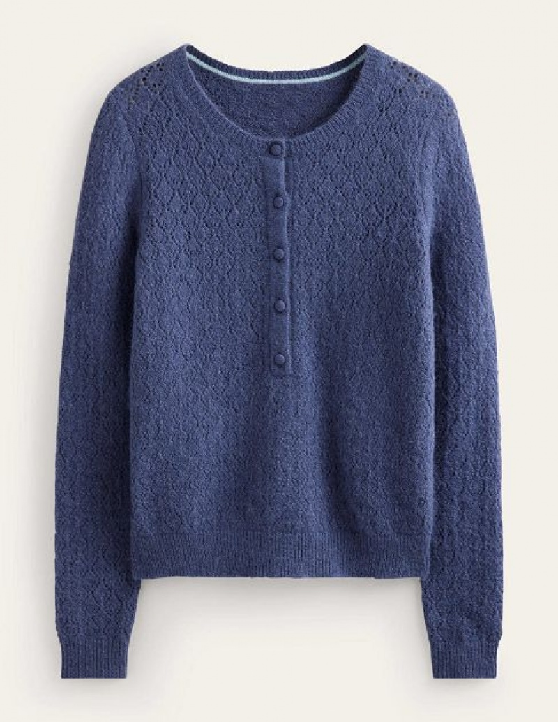 Blue Women's Boden Fluffy Henley Pointelle Jumpers | 05349XEDQ