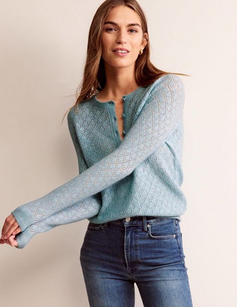 Blue Women's Boden Fluffy Henley Pointelle Jumpers | 20531JBPY