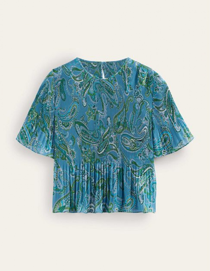 Blue Women's Boden Flutter-sleeve Plisse Tops | 39486ZKWX