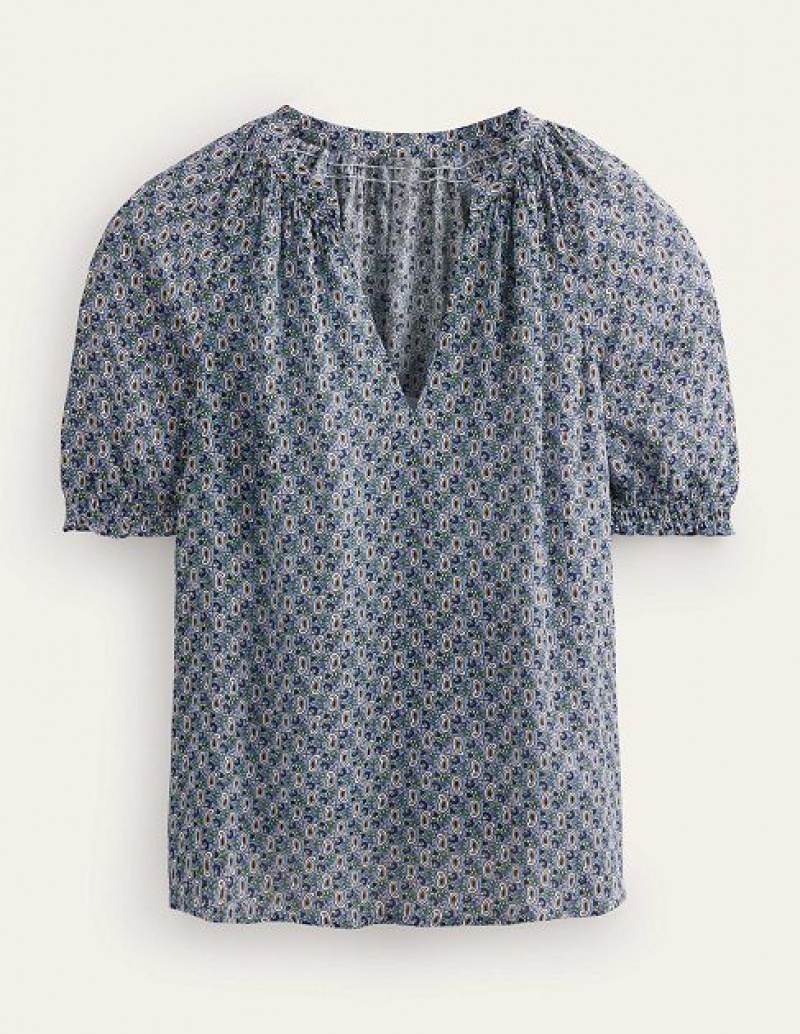 Blue Women's Boden Gathered Neck Short Sleeve Tops | 85174XFYG