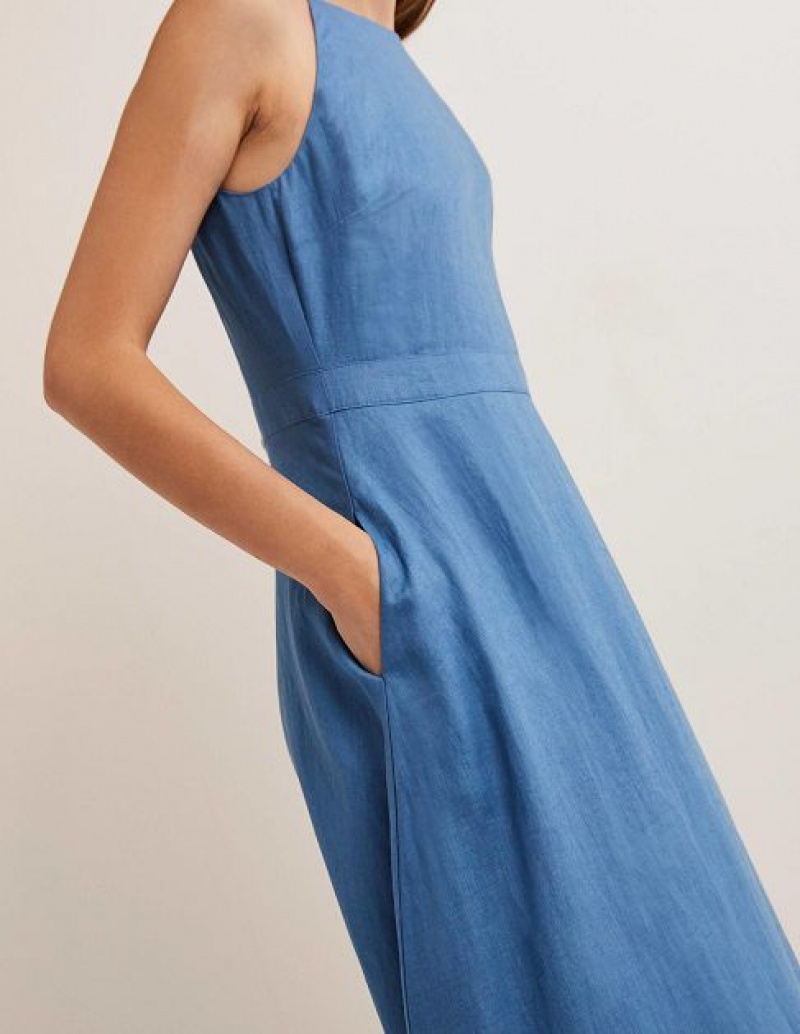 Blue Women's Boden Halterneck Linen Midi Dress | 29145YFJE