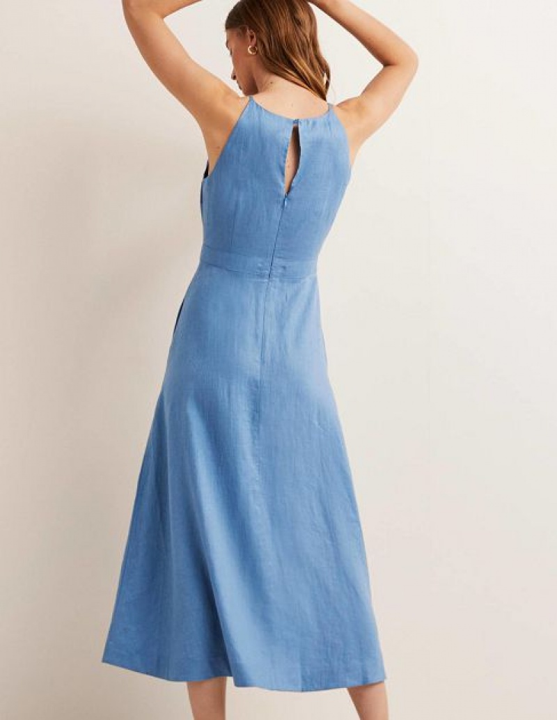 Blue Women's Boden Halterneck Linen Midi Dress | 29145YFJE