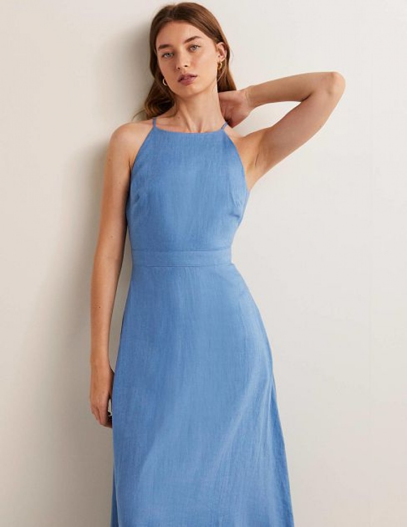 Blue Women's Boden Halterneck Linen Midi Dress | 29145YFJE