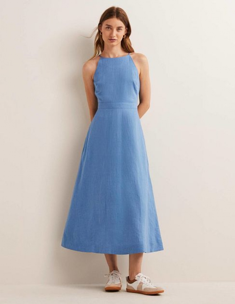 Blue Women\'s Boden Halterneck Linen Midi Dress | 29145YFJE