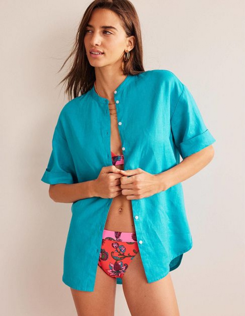 Blue Women's Boden Kimono Sleeve Linen Shirts | 14632EZXV