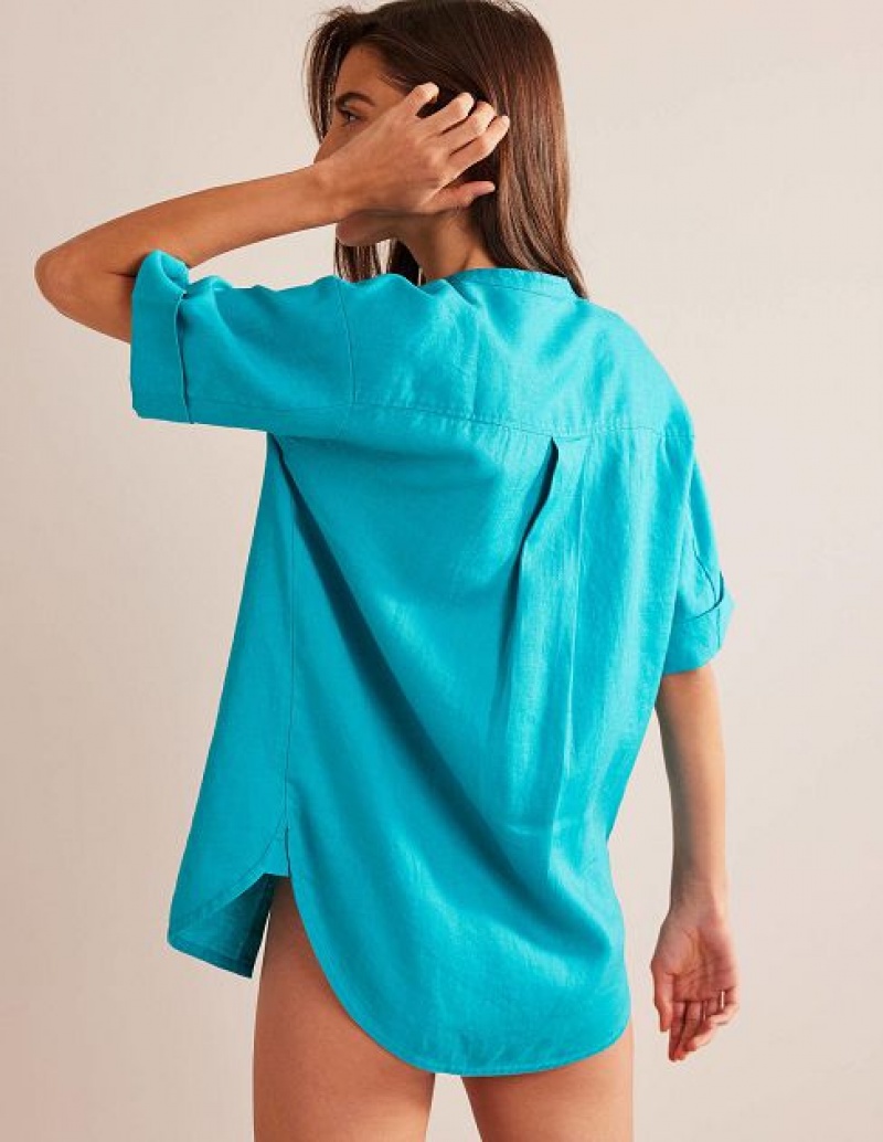 Blue Women's Boden Kimono Sleeve Linen Shirts | 14632EZXV