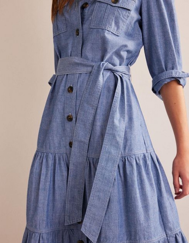 Blue Women's Boden Lily Chambray Midi Shirt Dress | 06981GRHU