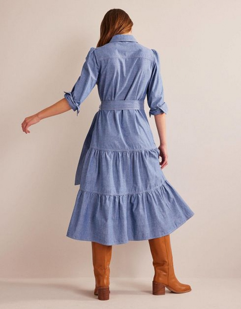 Blue Women's Boden Lily Chambray Midi Shirt Dress | 06981GRHU