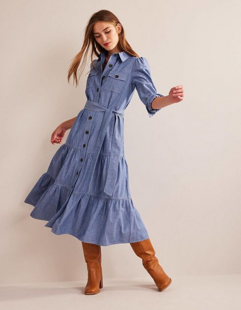 Blue Women's Boden Lily Chambray Midi Shirt Dress | 06981GRHU