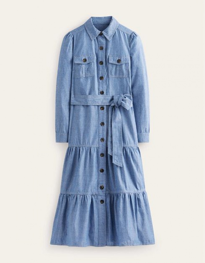 Blue Women's Boden Lily Chambray Midi Shirt Dress | 06981GRHU