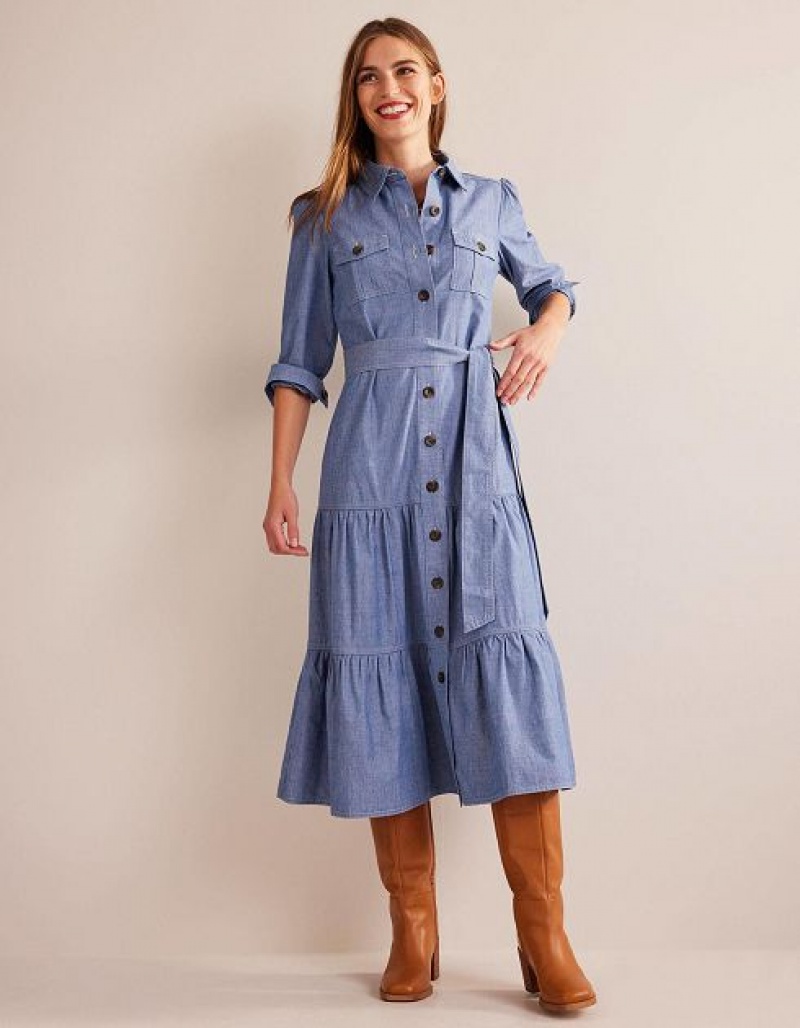 Blue Women\'s Boden Lily Chambray Midi Shirt Dress | 06981GRHU