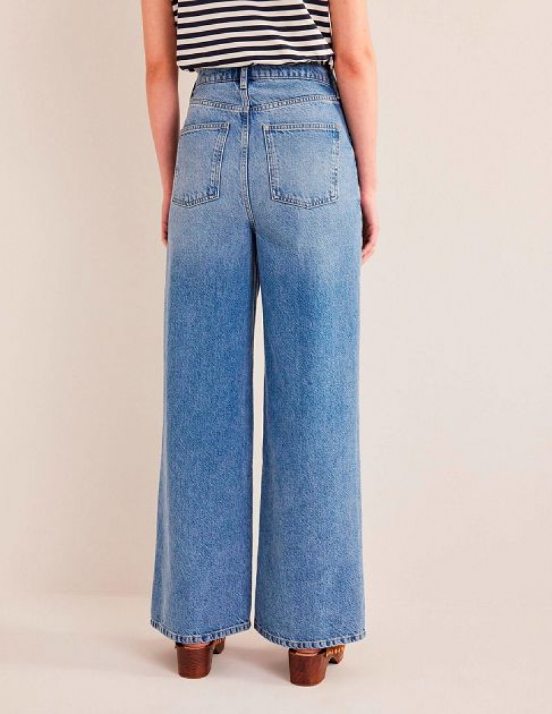 Blue Women's Boden Mid Rise Slouch Wide Leg Jeans | 54891FWYR