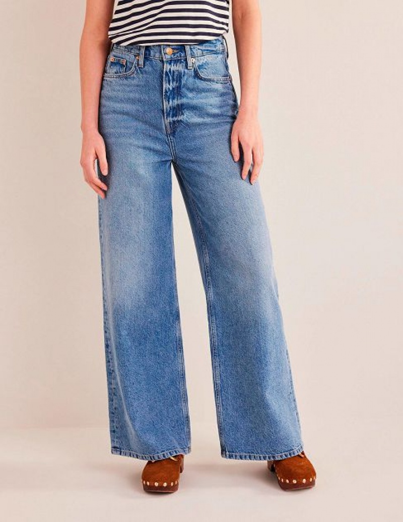 Blue Women's Boden Mid Rise Slouch Wide Leg Jeans | 54891FWYR