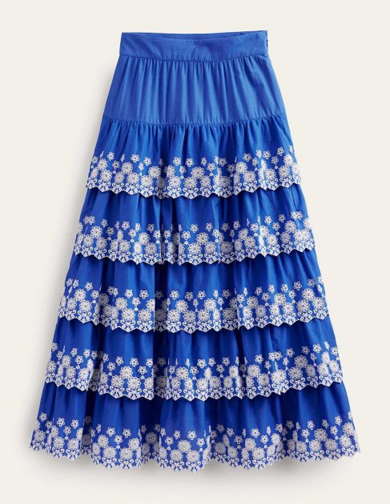 Blue Women's Boden Multi Tiered Broderie Skirts | 32456FBQT