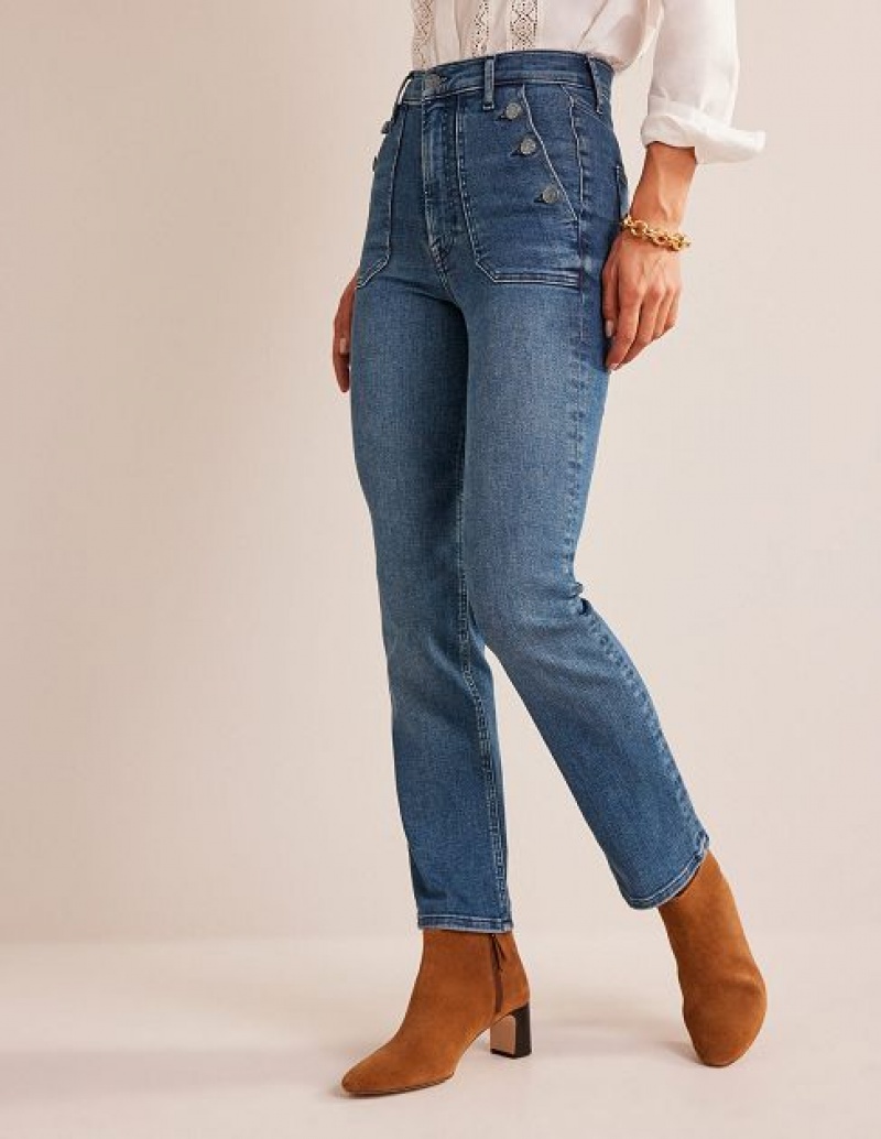 Blue Women's Boden Patch Pocket Straight Jeans | 63042PXZQ