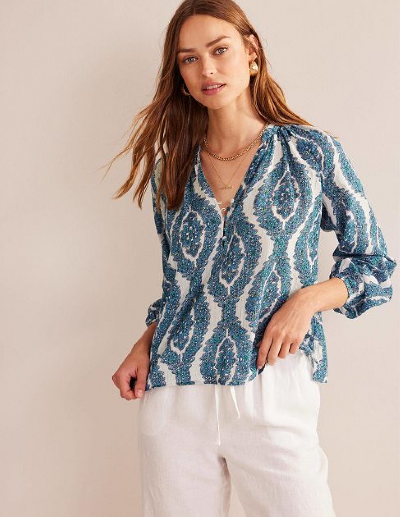 Blue Women's Boden Printed Notch-neck Sparkle Tops | 34712FYGA