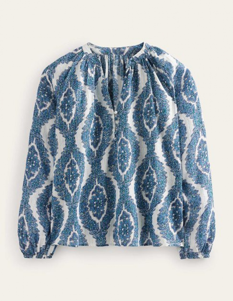 Blue Women's Boden Printed Notch-neck Sparkle Tops | 34712FYGA