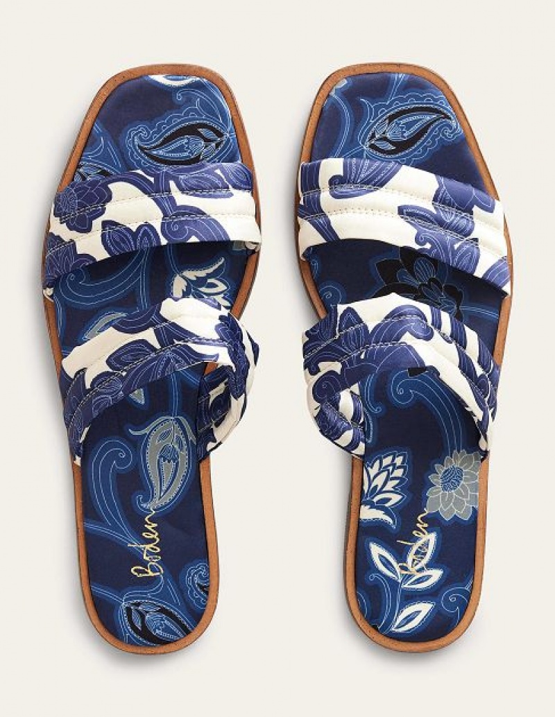 Blue Women's Boden Printed Satin Slide Sandals | 28379JAPN