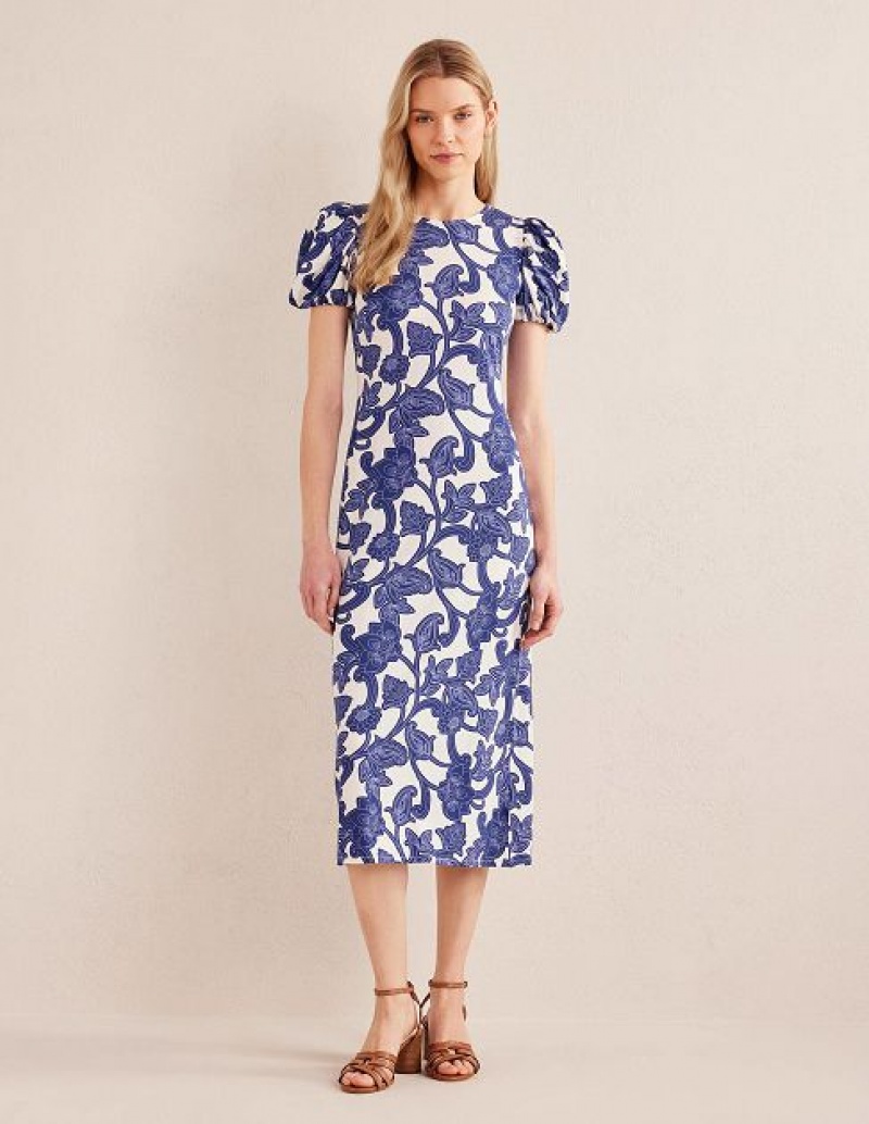 Blue Women's Boden Puff Sleeve Jersey Midi Dress | 12693MIJY