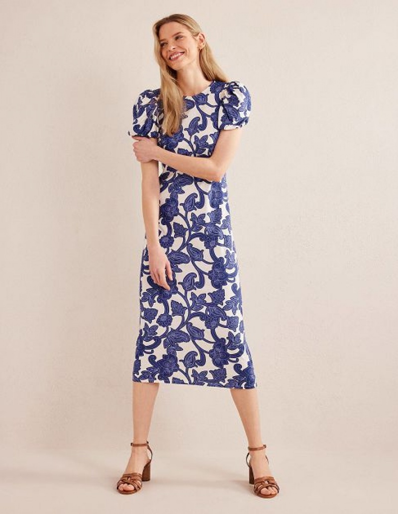 Blue Women\'s Boden Puff Sleeve Jersey Midi Dress | 12693MIJY