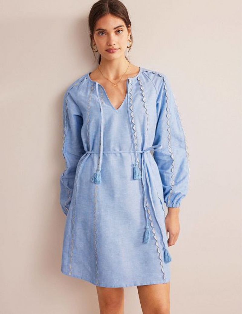 Blue Women\'s Boden Ric Rac Linen Mini Dress | 91206EWVQ