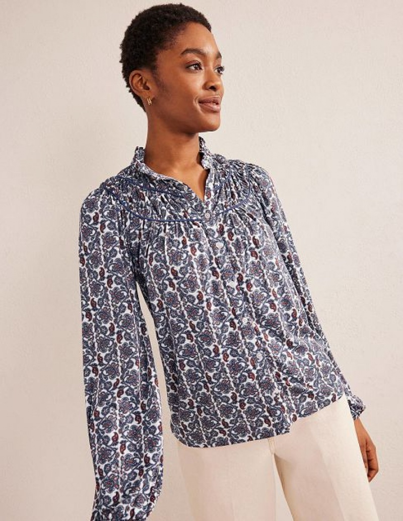 Blue Women\'s Boden Ruched Yoke Jersey Shirts | 48109QURF