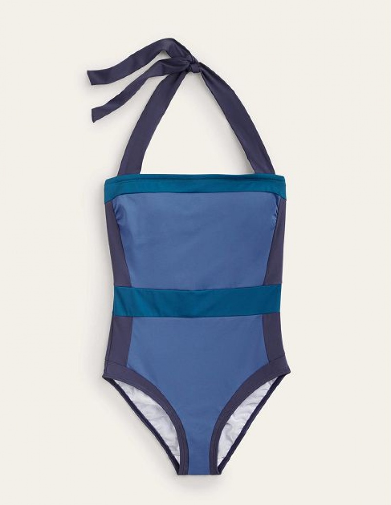 Blue Women's Boden Santorini Halterneck Swimsuits | 78402XWNZ