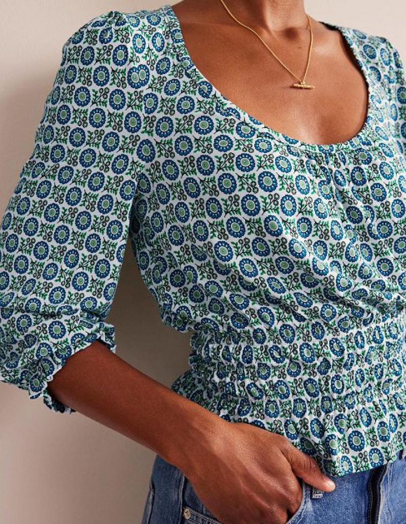 Blue Women's Boden Smocked Jersey Peplum Tops | 01964SOLN