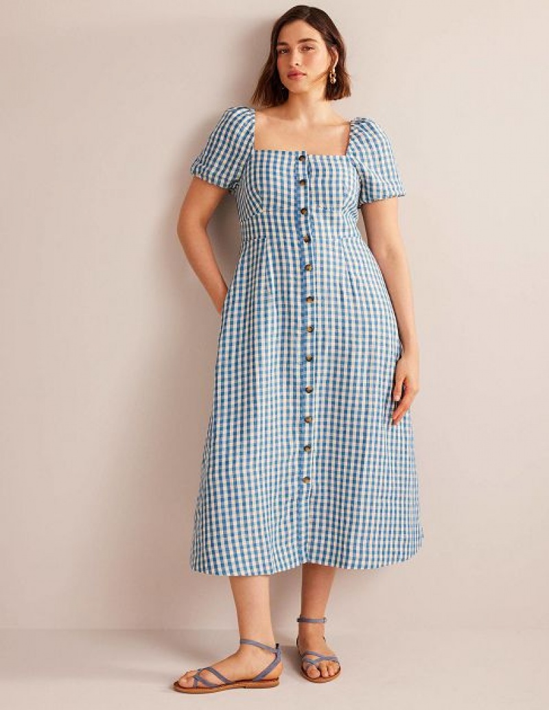 Blue Women's Boden Square Neck Linen Midi Dress | 83206OTZG